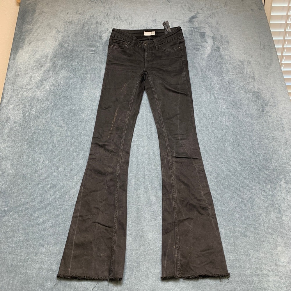 Zara Premium Denim Jeans Womens 2 Black Dark Wash Flare Leg Frayed Hem Outdoor
